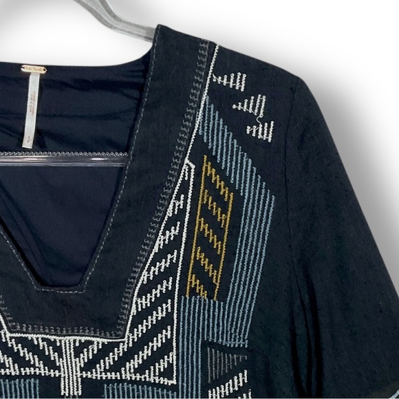 Free People Sundown Mini Shift Dress Sz S Embroidered Aztec Navy Blue - Picture 6 of 12